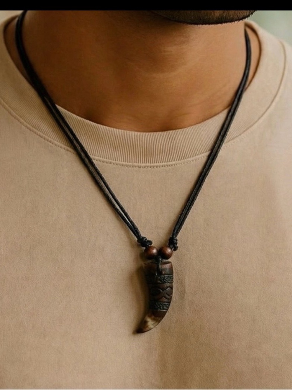Carved Horn Pendant Necklace on Adjustable Black Cord - Brown Tones